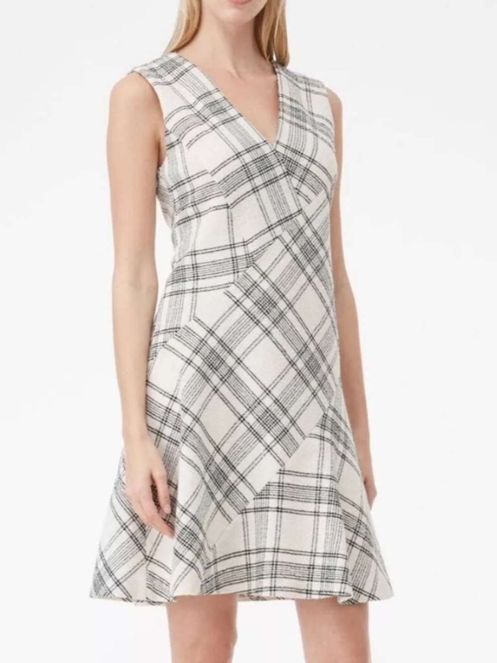 Tailored Rebecca Taylor Cream and Black Wool Windowpane Sleeveless Dress Size 14